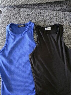 Blue Ribbed Tank + Black Ribbed Tank - Pair Two Summer Tops Bundle Size Small